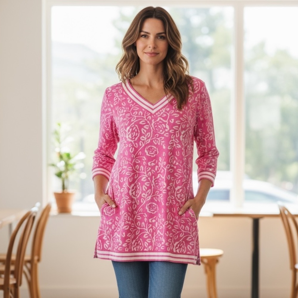 Gretchen Scott Designs XS Tunic Pink White V Neck Top Contrast Print